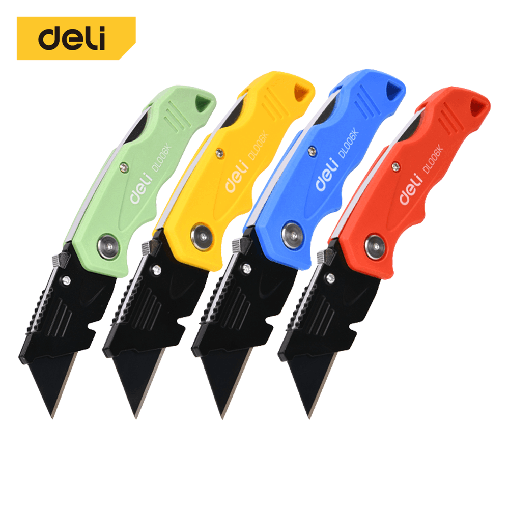 มีดคัตเตอร์พับได้ DELI EDL006K-4-YL-01 4 ชิ้น ฟรีใบมีด 10 ใบ
